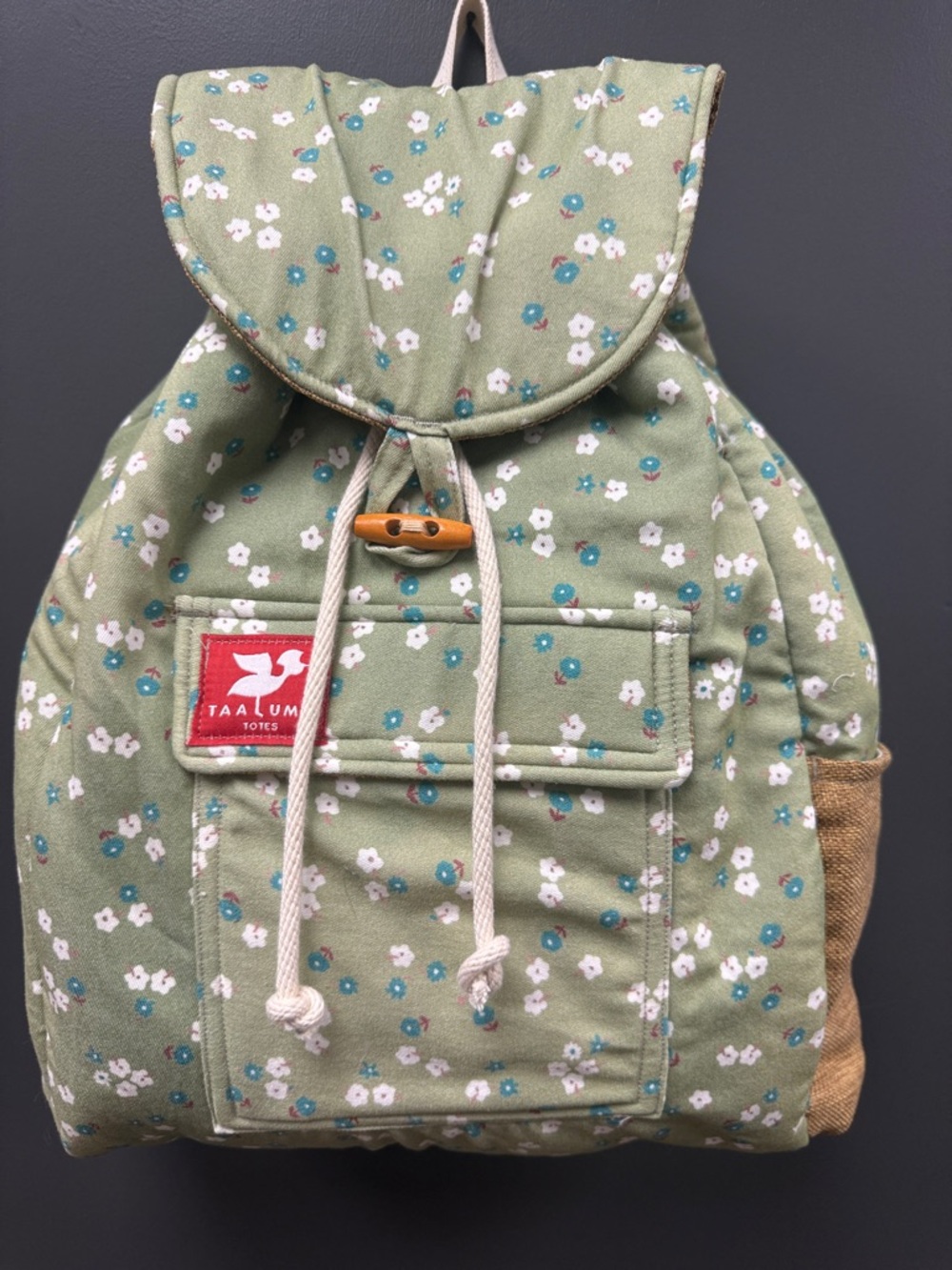 Taalum Olive Floral Canvas Drawstring Backpack